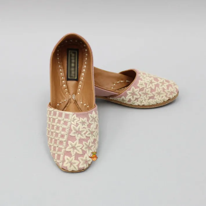 Online Onion Pink Checks And Floral Embroidered Jutti BOY Shoes