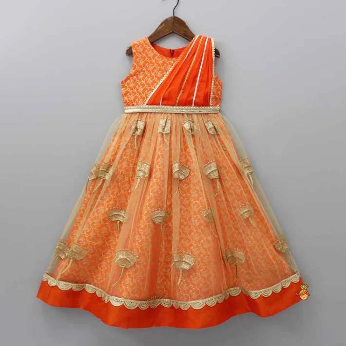 Outlet Orange Brocade Anarkali With Detachable Belt And Net Dupatta Ethnic Wear | Sarees & Anarkalis