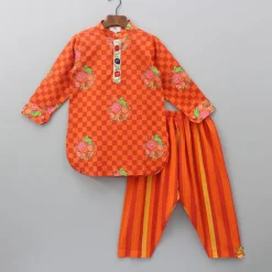 Fashion Orange Checks Printed Kurta With Striped Pyjama BOY Indian Ethnic Wear | Ethnic Sets