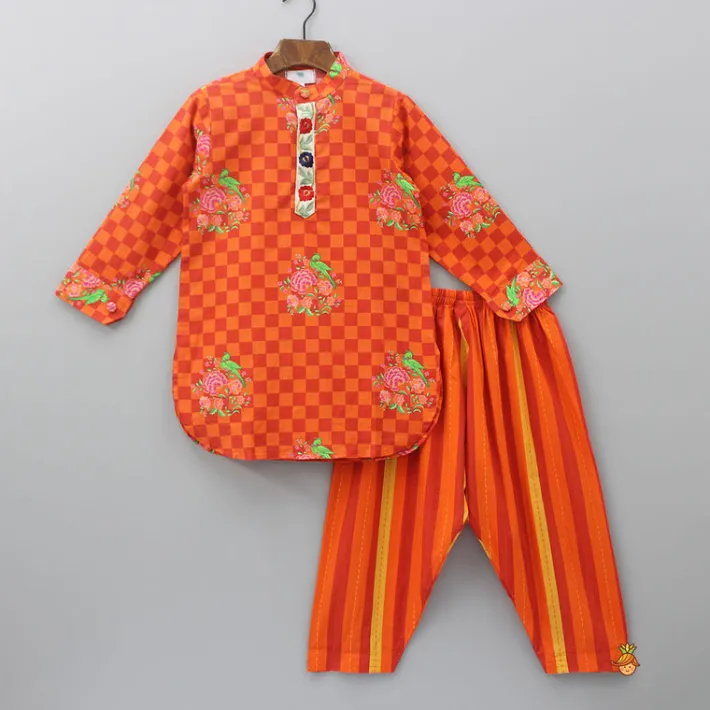 Fashion Orange Checks Printed Kurta With Striped Pyjama BOY Indian Ethnic Wear | Ethnic Sets