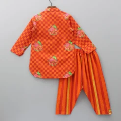 Fashion Orange Checks Printed Kurta With Striped Pyjama BOY Indian Ethnic Wear | Ethnic Sets