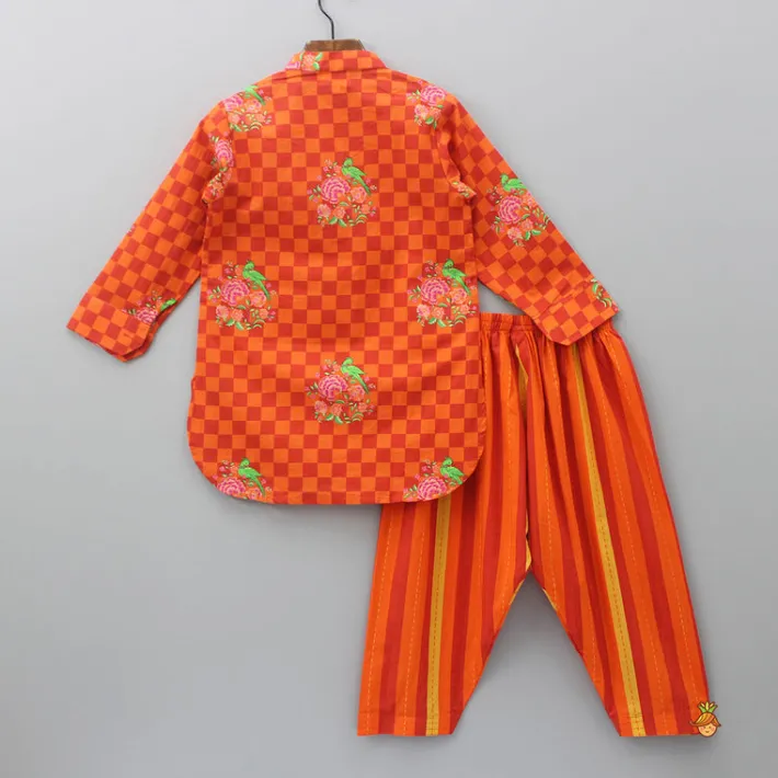 Fashion Orange Checks Printed Kurta With Striped Pyjama BOY Indian Ethnic Wear | Ethnic Sets