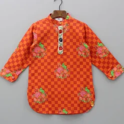 Fashion Orange Checks Printed Kurta With Striped Pyjama BOY Indian Ethnic Wear | Ethnic Sets