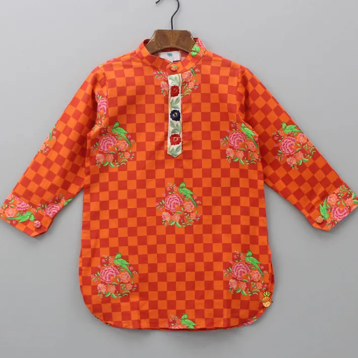 Fashion Orange Checks Printed Kurta With Striped Pyjama BOY Indian Ethnic Wear | Ethnic Sets