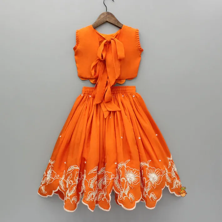 Fashion Orange Embroidered Dual Back Knot Detailed Top And Lehenga With Scalloped Hem Detailing Ethnic Wear | Lehengas & Ghagras