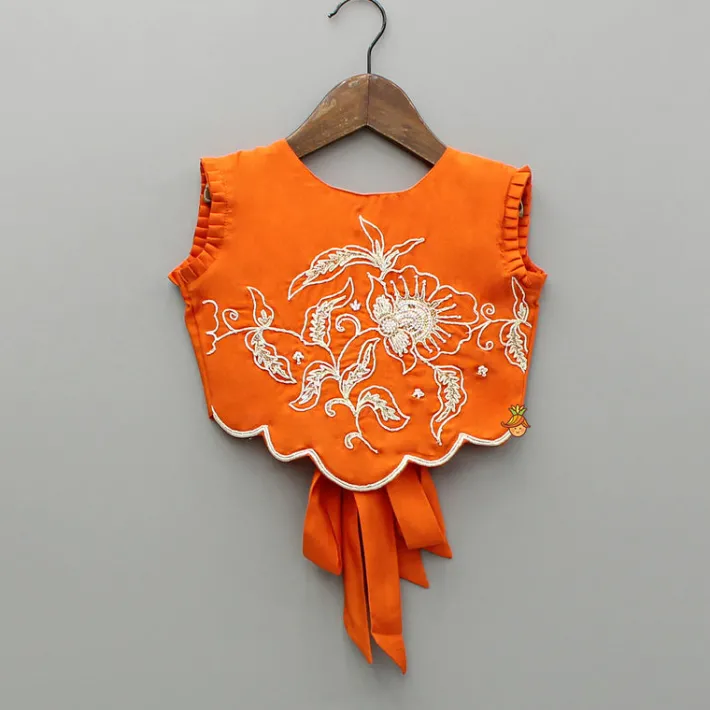 Fashion Orange Embroidered Dual Back Knot Detailed Top And Lehenga With Scalloped Hem Detailing Ethnic Wear | Lehengas & Ghagras