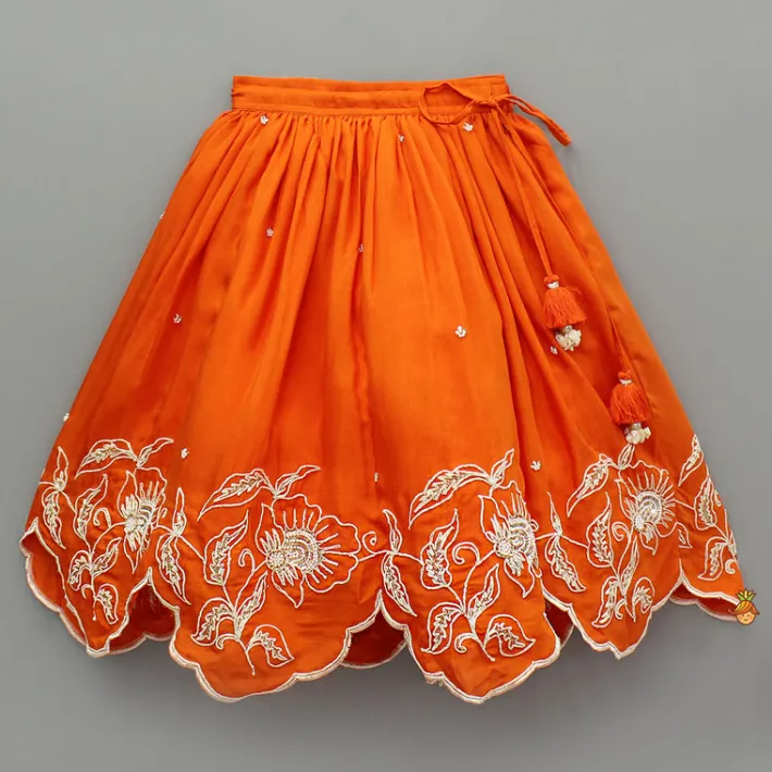 Fashion Orange Embroidered Dual Back Knot Detailed Top And Lehenga With Scalloped Hem Detailing Ethnic Wear | Lehengas & Ghagras