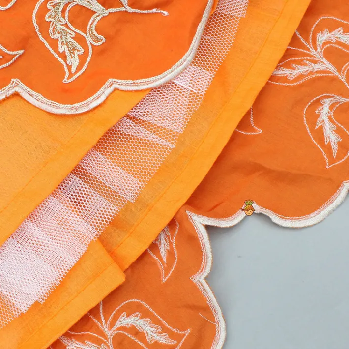 Fashion Orange Embroidered Dual Back Knot Detailed Top And Lehenga With Scalloped Hem Detailing Ethnic Wear | Lehengas & Ghagras