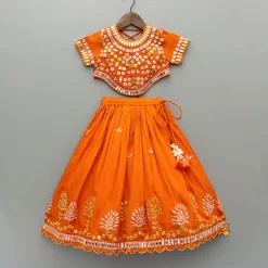 Outlet Orange Faux Mirror Embroidered Top And Lehenga Ethnic Wear | Lehengas & Ghagras