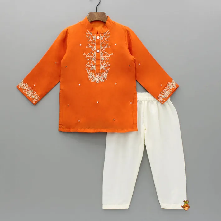 Discount Orange Faux Mirror Work Kurta With Pyjama BOY Indian Ethnic Wear | Ethnic Sets