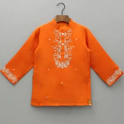 Discount Orange Faux Mirror Work Kurta With Pyjama BOY Indian Ethnic Wear | Ethnic Sets