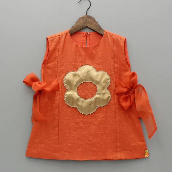 Hot Orange Floral Applique Kurti And Palazzo Ethnic Wear | Palazzos & Shararas