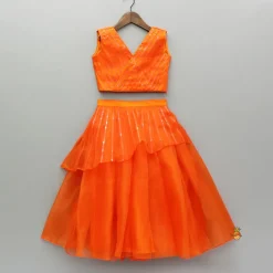 Discount Orange Holographic Lace Detailed Shimmery Top And Layered Lehenga Ethnic Wear | Lehengas & Ghagras
