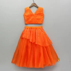 Discount Orange Holographic Lace Detailed Shimmery Top And Layered Lehenga Ethnic Wear | Lehengas & Ghagras