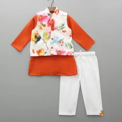 Online Orange Kurta And Floral Printed Jacket With Pyjama BOY Indian Ethnic Wear | Ethnic Sets
