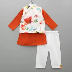 Online Orange Kurta And Floral Printed Jacket With Pyjama BOY Indian Ethnic Wear | Ethnic Sets