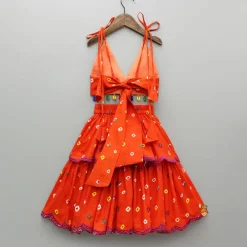 New Orange Multicolour Printed Embroidered Tie Up Strappy Top and Layered Lehenga Ethnic Wear | Lehengas & Ghagras