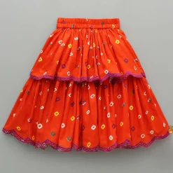 New Orange Multicolour Printed Embroidered Tie Up Strappy Top and Layered Lehenga Ethnic Wear | Lehengas & Ghagras