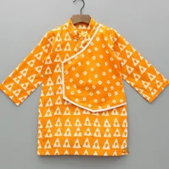 Hot Orange Printed Kurta With One Side Flap And Pyjama BOY Indian Ethnic Wear | Ethnic Sets