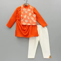 New Orange Stylish Draped Printed Flap Kurta And Pyjama BOY Indian Ethnic Wear | Ethnic Sets