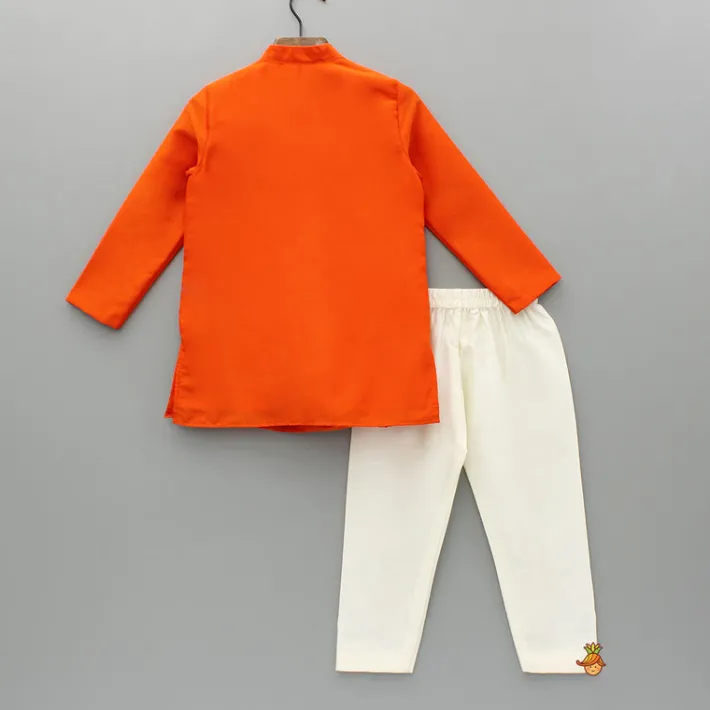New Orange Stylish Draped Printed Flap Kurta And Pyjama BOY Indian Ethnic Wear | Ethnic Sets