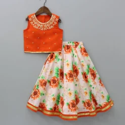 Discount Orange Top And Floral Printed Lehenga With Net Dupatta Ethnic Wear | Lehengas & Ghagras