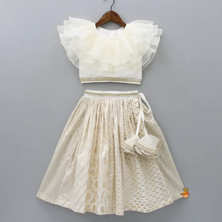 Fashion Organza Off White Frilly Top And Chanderi Embroidered Lehenga Twinning Sets | Ethnic Wear