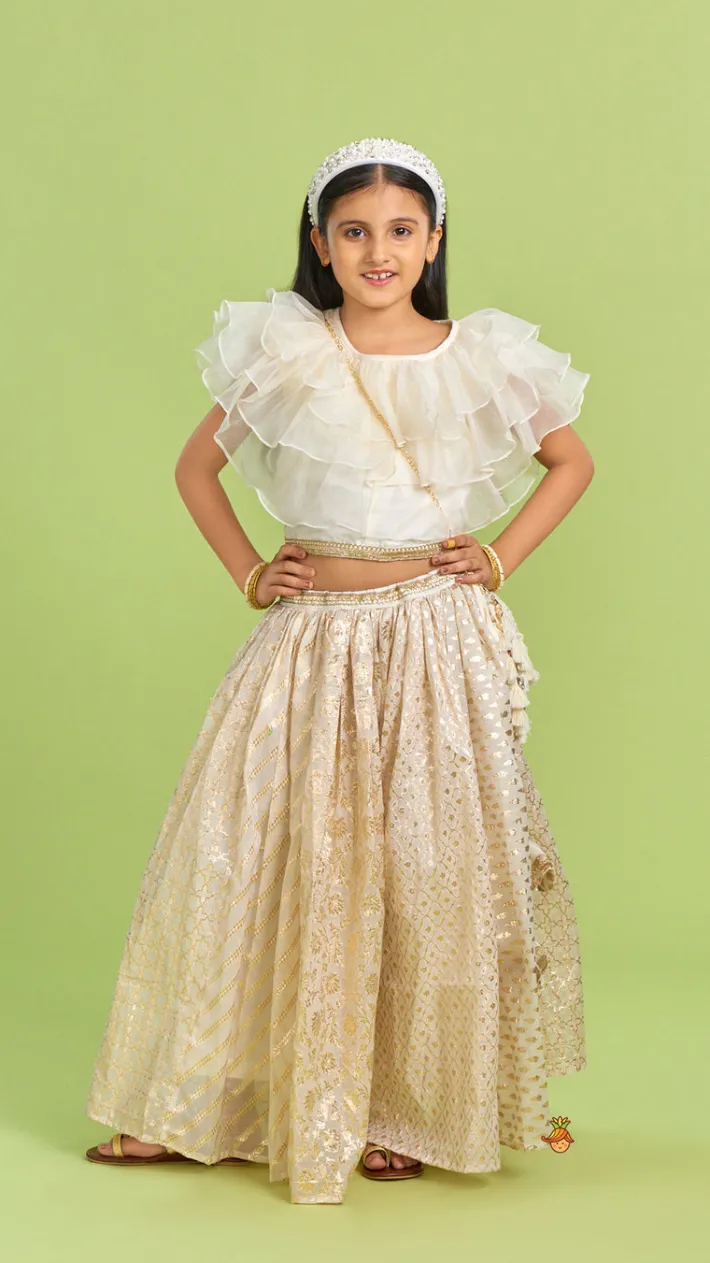 Fashion Organza Off White Frilly Top And Chanderi Embroidered Lehenga Twinning Sets | Ethnic Wear