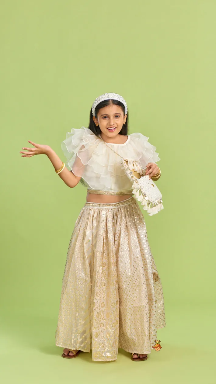 Fashion Organza Off White Frilly Top And Chanderi Embroidered Lehenga Twinning Sets | Ethnic Wear