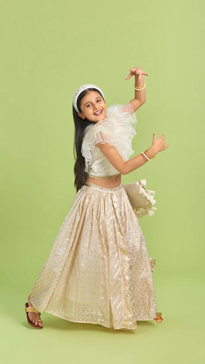 Fashion Organza Off White Frilly Top And Chanderi Embroidered Lehenga Twinning Sets | Ethnic Wear