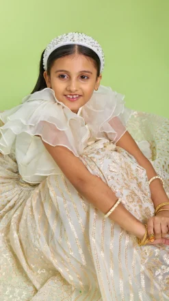 Fashion Organza Off White Frilly Top And Chanderi Embroidered Lehenga Twinning Sets | Ethnic Wear