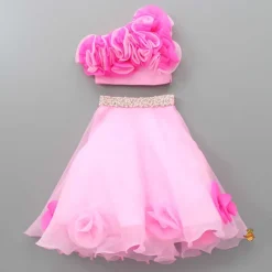 Fashion Organza One Shoulder Pink Top And Flower Adorned Flared Lehenga Ethnic Wear | Lehengas & Ghagras