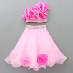 Fashion Organza One Shoulder Pink Top And Flower Adorned Flared Lehenga Ethnic Wear | Lehengas & Ghagras