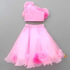 Fashion Organza One Shoulder Pink Top And Flower Adorned Flared Lehenga Ethnic Wear | Lehengas & Ghagras