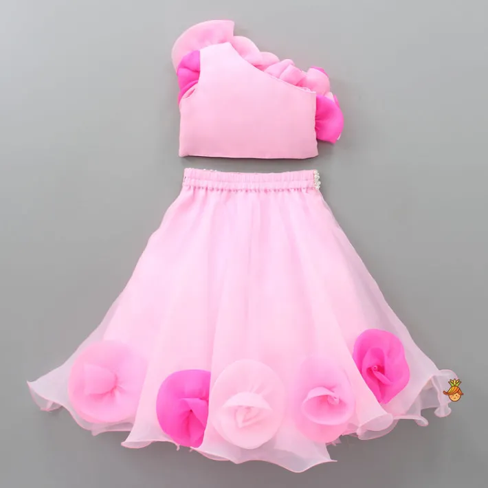 Fashion Organza One Shoulder Pink Top And Flower Adorned Flared Lehenga Ethnic Wear | Lehengas & Ghagras