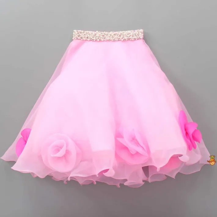 Fashion Organza One Shoulder Pink Top And Flower Adorned Flared Lehenga Ethnic Wear | Lehengas & Ghagras