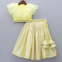 Online Organza Triple Layered Flap Pastel Yellow Top And Zari Embroidered Lehenga Ethnic Wear | Lehengas & Ghagras