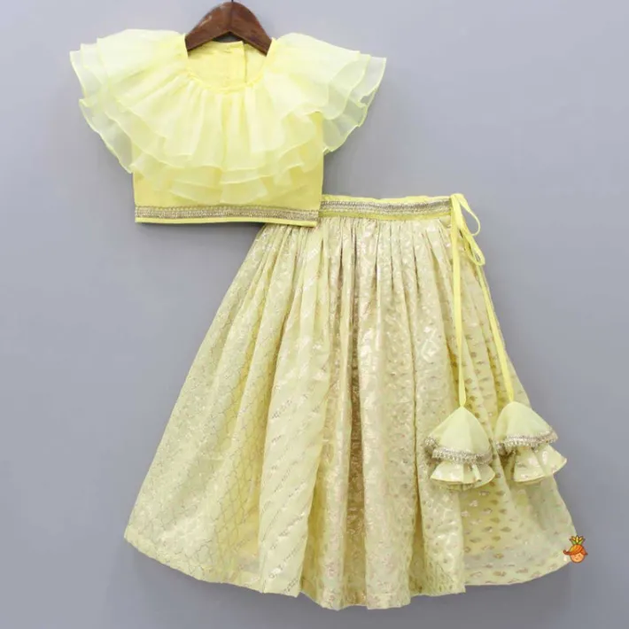 Online Organza Triple Layered Flap Pastel Yellow Top And Zari Embroidered Lehenga Ethnic Wear | Lehengas & Ghagras