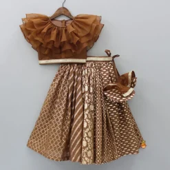 Online Organza Triple Layered Flap Brown Top And Zari Embroidered Lehenga Ethnic Wear | Lehengas & Ghagras