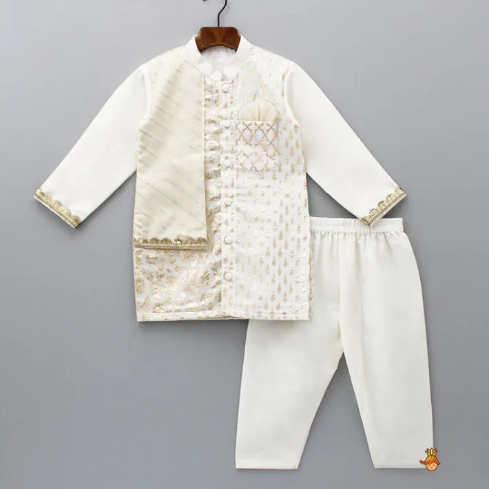 Sale Patch Pocket Detail Chanderi Embroidered Cream Attached Flap Kurta And Pyjama BOY Twinning Sets | Indian Ethnic Wear