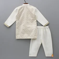 Sale Patch Pocket Detail Chanderi Embroidered Cream Attached Flap Kurta And Pyjama BOY Twinning Sets | Indian Ethnic Wear