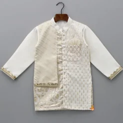 Sale Patch Pocket Detail Chanderi Embroidered Cream Attached Flap Kurta And Pyjama BOY Twinning Sets | Indian Ethnic Wear