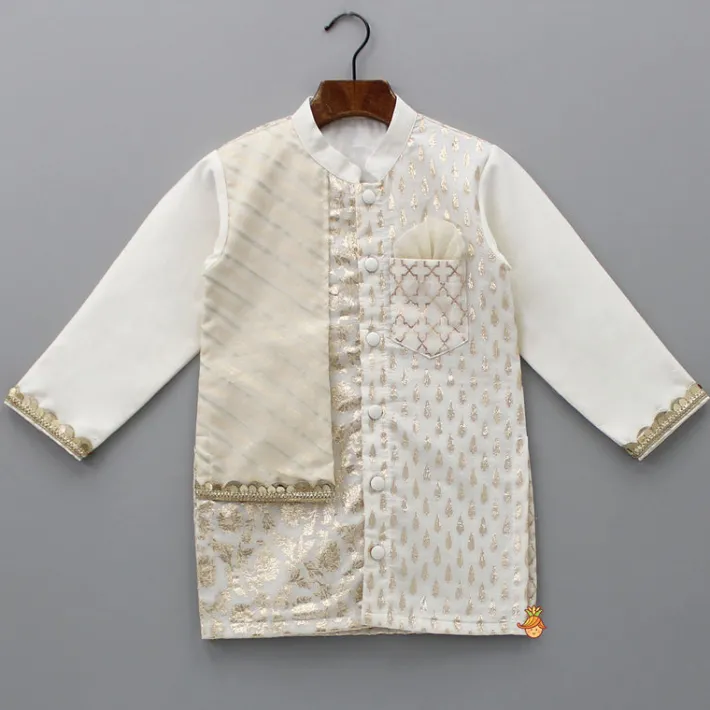 Sale Patch Pocket Detail Chanderi Embroidered Cream Attached Flap Kurta And Pyjama BOY Twinning Sets | Indian Ethnic Wear