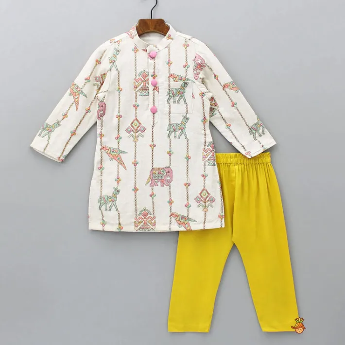 Hot Patch Pocket Detail Embroidered Kurta And Mustard Pyjama BOY Indian Ethnic Wear | Ethnic Sets