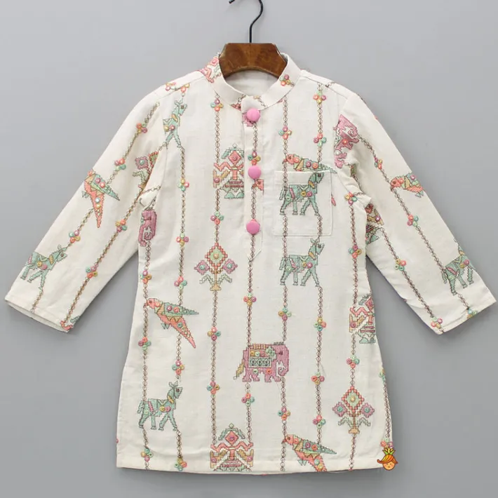 Hot Patch Pocket Detail Embroidered Kurta And Mustard Pyjama BOY Indian Ethnic Wear | Ethnic Sets