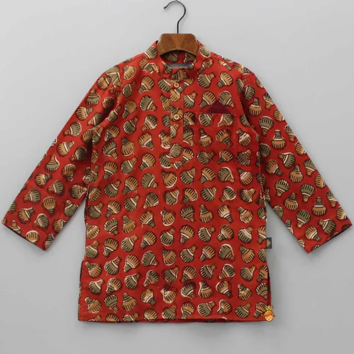 Best Patch Pocket Detail Hand Block Printed Red Ochre Kurta BOY Twinning Sets | Indian Ethnic Wear