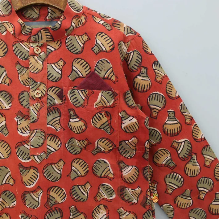 Best Patch Pocket Detail Hand Block Printed Red Ochre Kurta BOY Twinning Sets | Indian Ethnic Wear