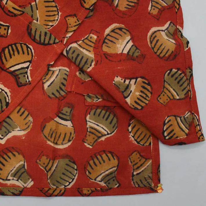 Best Patch Pocket Detail Hand Block Printed Red Ochre Kurta BOY Twinning Sets | Indian Ethnic Wear