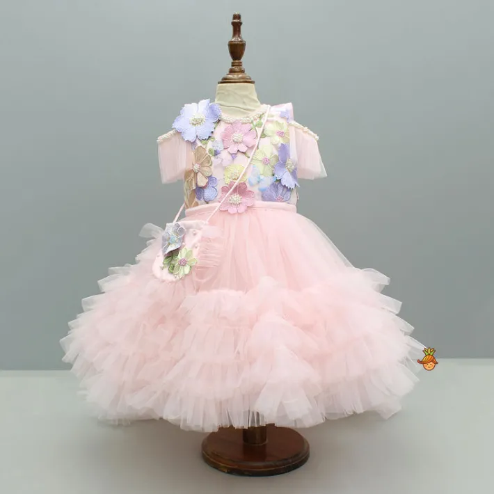 Outlet Peach Embellished Detachable Trail Dress And Bow With Sling Bag Dresses & Sets | Dresses