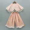 Online Peach Embroidered And Embellished Cape Attached Top With Flared Palazzo Ethnic Wear | Palazzos & Shararas
